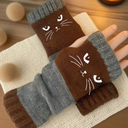 Cozy Cat Pattern Fingerless Gloves