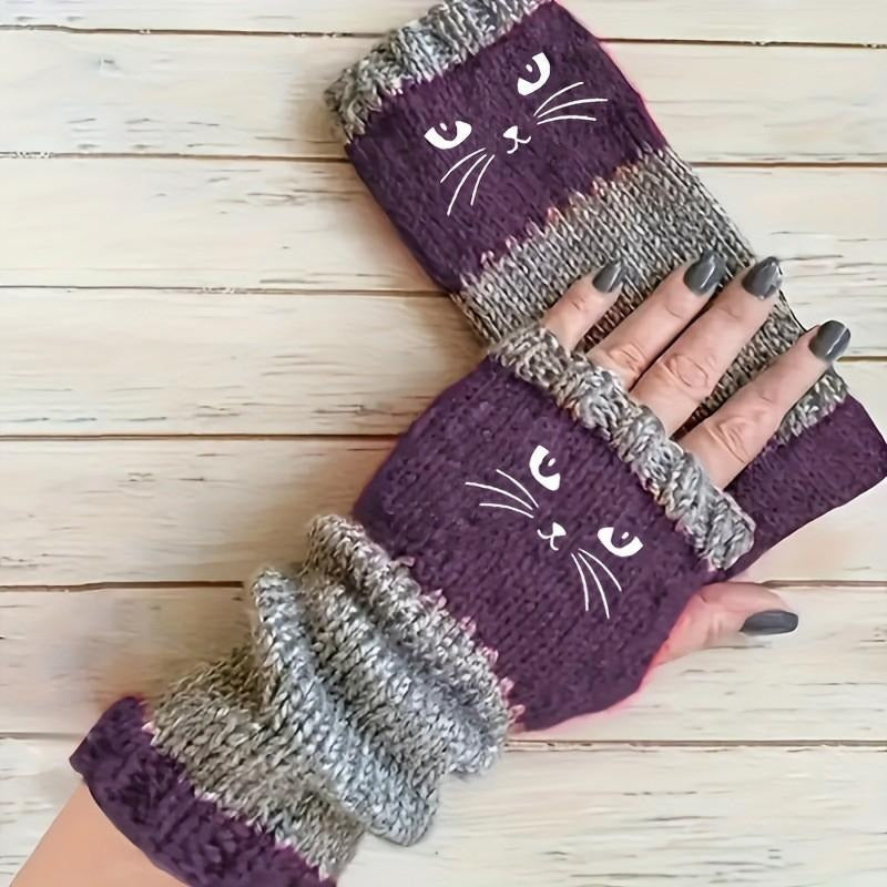Cozy Cat Pattern Fingerless Gloves