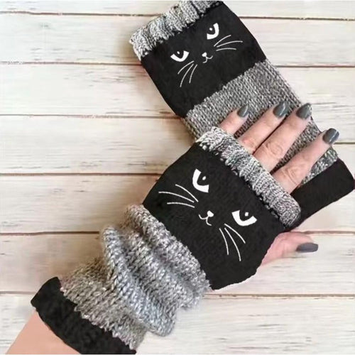 Cozy Cat Pattern Fingerless Gloves