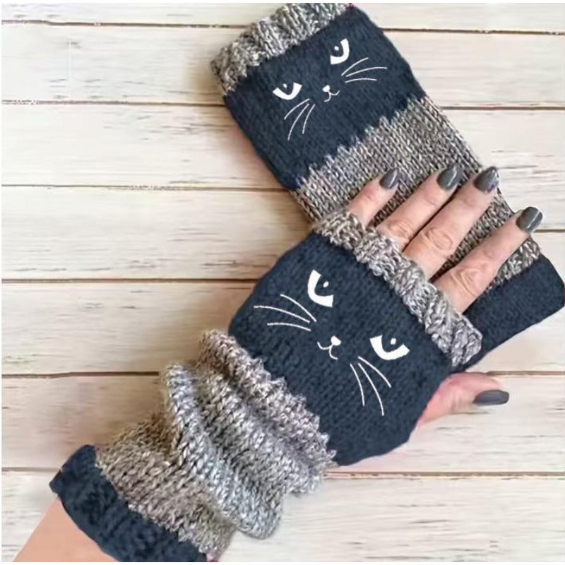 Cozy Cat Pattern Fingerless Gloves
