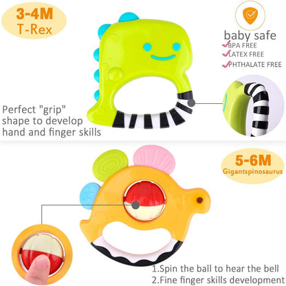 Dinosaur Baby Rattles, Infant Shaker, Newborn Grab N Shake Rattle, Sensory Teether, Development Learning Teeth Toy