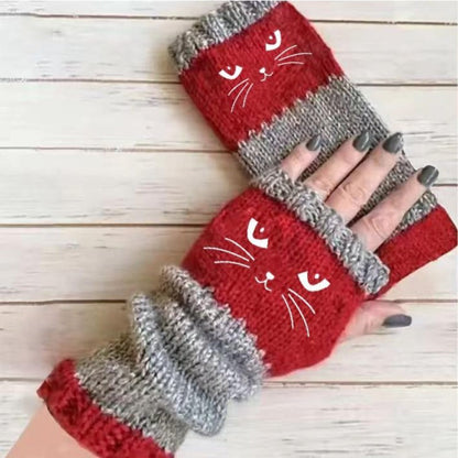 Cozy Cat Pattern Fingerless Gloves