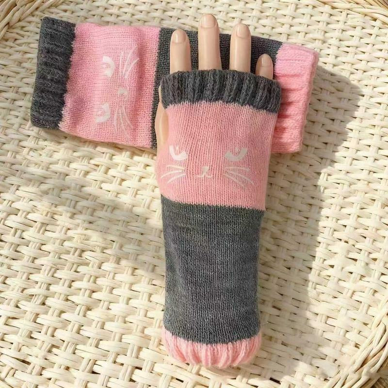 Cozy Cat Pattern Fingerless Gloves