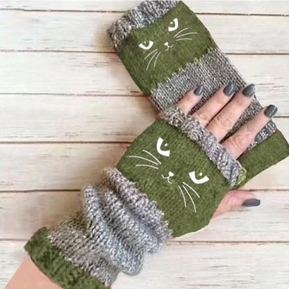 Cozy Cat Pattern Fingerless Gloves
